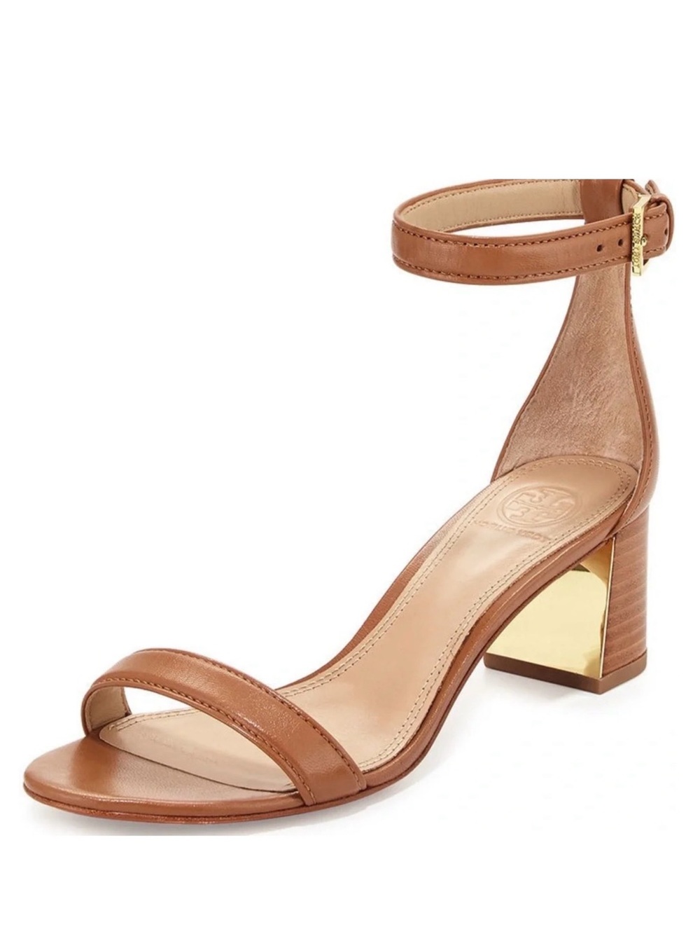 Tory Burch Tan Leather Ankle-Strap Block Heel Sandal with Gold Accent
